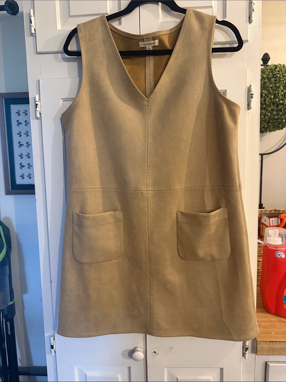 Max Studio Camel Suede Sleeveless V-Neck Shift Dress